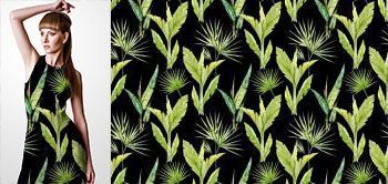 12029 Materiał ze wzorem malowane zielone liście tropikalne